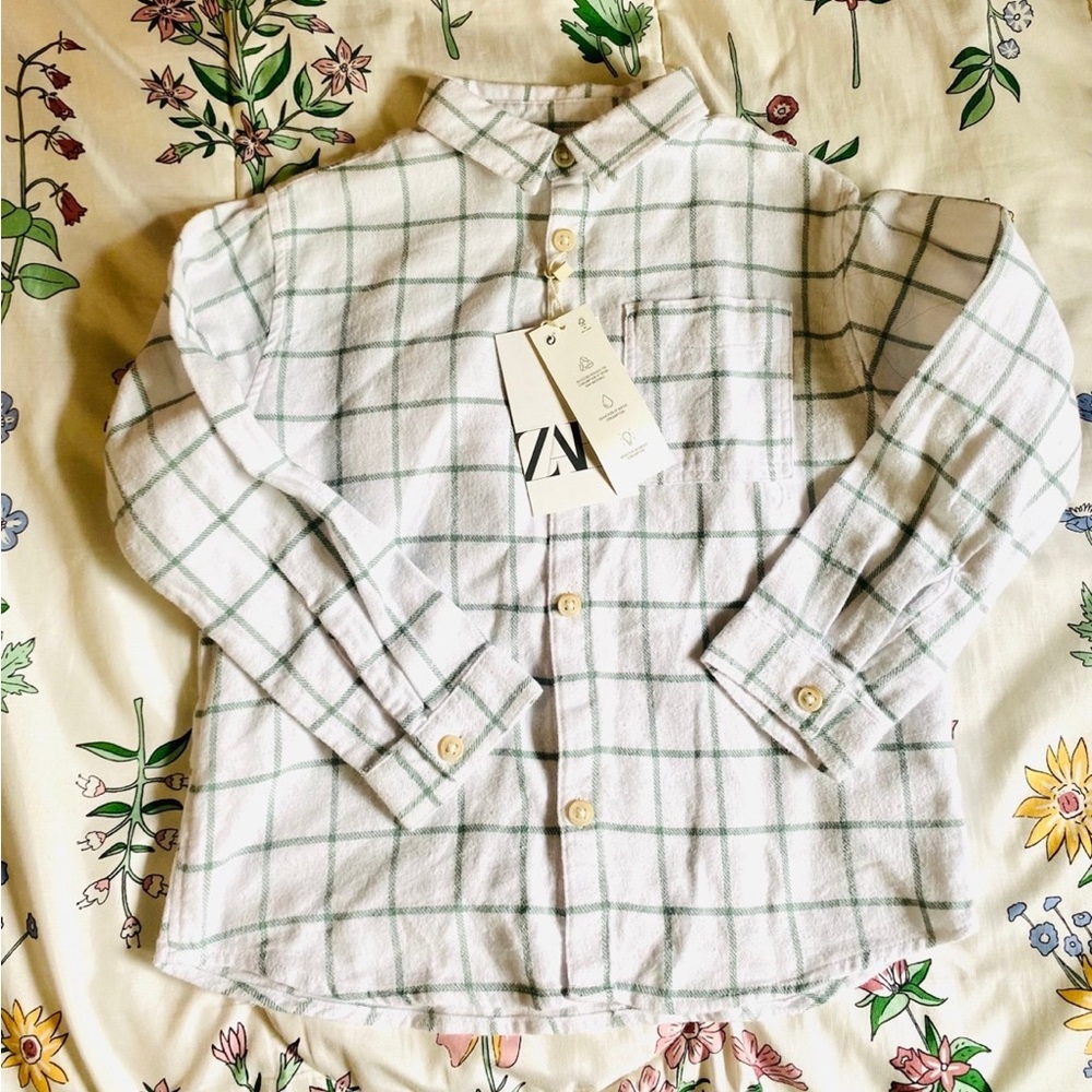 Zara boys green plaid button down 4/5